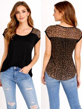 FOREVER 21 Women’s Blouse with Black Front and Leopard Print Sheer Back